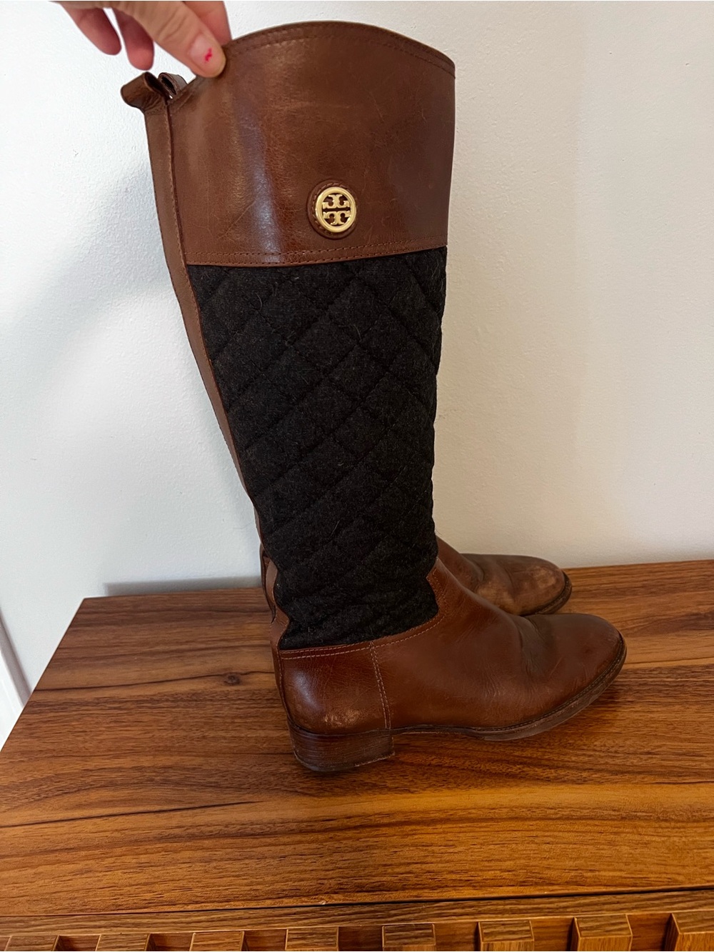 Tory Burch Brown Leather and Black Quilted Tall Riding Boots